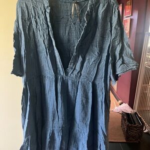 Anthropologie XL Slate Blue Crinkle V-Neck Mini Dress